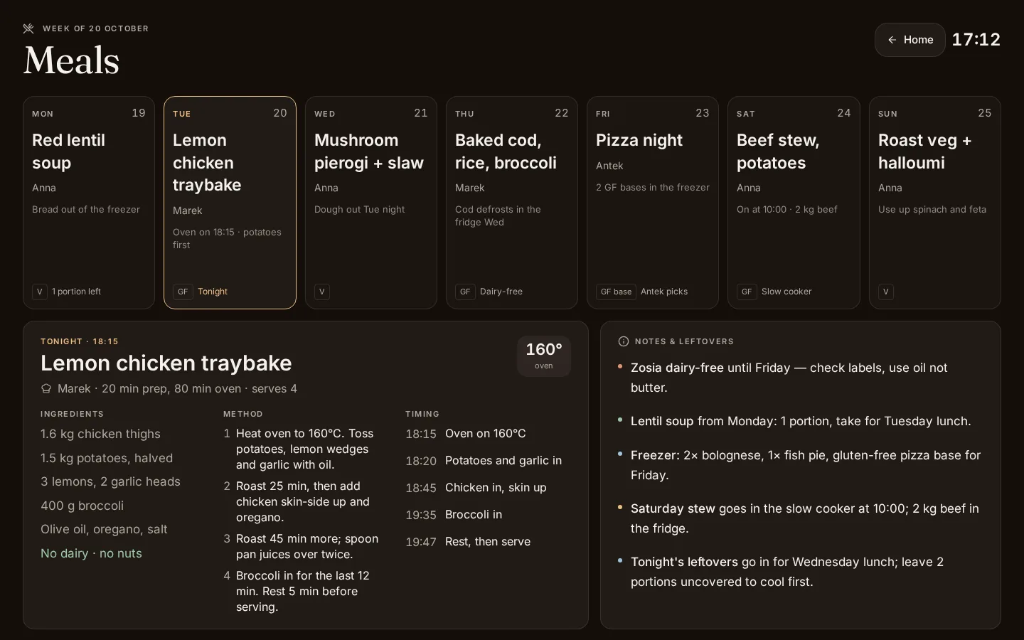 Hearth Meals screen, desktop